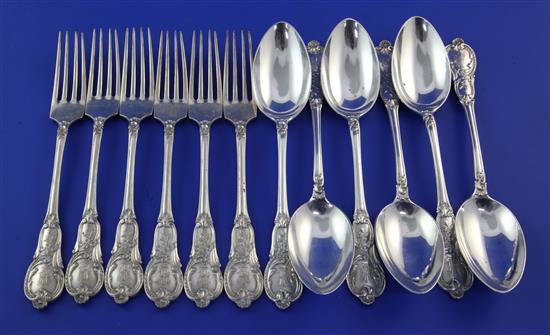 A set of six early 20th century German 800 standard silver fancy pattern dessert forks and six dessert spoons, 16.5 oz.